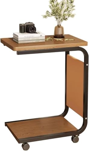 MUMUXIAO C-förmiger Beistelltisch mit Rollen, beweglicher Sofa-Couch-Beistelltisch mit Aufbewahrungstasche, industrieller TV-Tablett, Nachttische zum Lesen, Essen (braun)