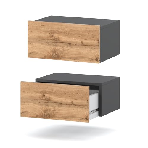 MRBLS Nachttisch Wandmontage 2er Set - Nachttischschrank Hängend - Modernes Design Wandschublade - Nachttisch Wand –Nachtschrank - Wandregal Mit Schublade (Grau Matt - Wotan) – 45 x 19 x 32 cm (B/H/T)