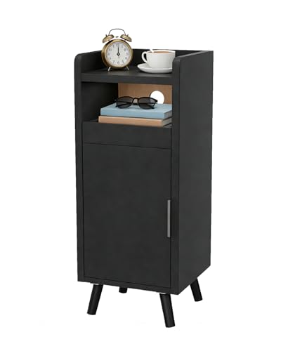 Askelierg Nachttisch Schmal 25 cm, Kleiner Nachttisch mit Schublade & Tür, Nachtschrank Kabelmanagement, Beistelltisch Platzsparend für Wohnzimmer, Schlafzimmer, 25x 30 x 61 cm (Schwarz)