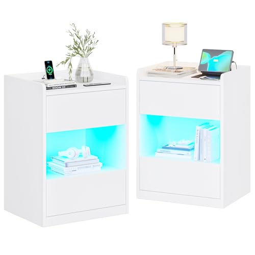 AOGLLATI Nachttisch mit LED-Beleuchtung und Ladestation, Nachtschrank mit 2 Schubladen und 1 Fach Beistelltisch mit Steckdosen Sofatisch für Schlafzimmer, Wohnzimmer 40x35x60cm (2, Weiß)