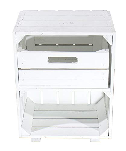 Kontorei Weißer Nachttisch mit Schublade 30,5cm x 40cm x 54cm 1er Set Nachtschrank Tisch Regalkiste Apfelkiste Weinkisten Obstkisten Weiss Tisch Ablage Landhaus DIY klassisch