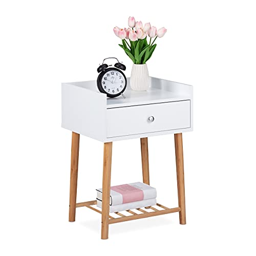 Relaxdays Nachttisch, 2 offene Ablagen, mit Schublade, modern, Schlafzimmer, Nachtschrank, HBT: 55,5x40x35cm, weiß/natur