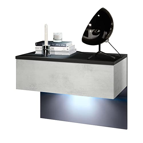 Vladon Nachttisch Sleep, Nachttischschrank mit Schublade zur Wandmontage, Schwarz matt/Beton Oxid-Optik, inkl. LED-Beleuchtung (60 x 46 x 35 cm)