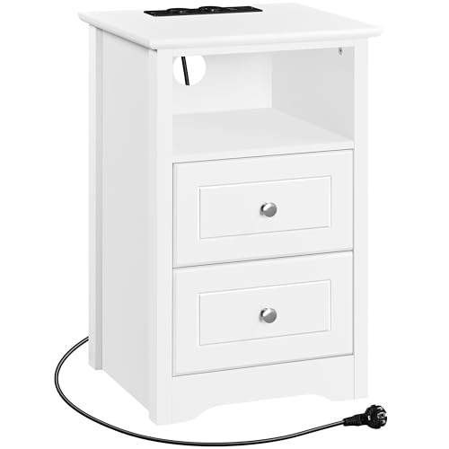 Yaheetech Nachttisch mit Steckdose & USB-Anschlüsse Nachtschrank Nachtkommode mit 2 Schubladen Sofatisch Couchtisch für Schlafzimmer/Wohnzimmer, Weiß