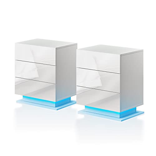 TUKAILAI Nachttisch 2er Set mit LED, Beistelltisch Weiß, Nachtschrank mit 3 Schublade, Nachtkasten modern für Wohnzimmer und Schlafzimmer