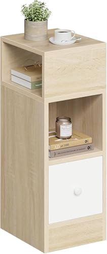 EUGAD Nachttisch schmal, Beistelltisch mit 2 offenen Ablagen und 1 Schublade, 25x66x30 cm, Nachtschrank im Schlafzimmer, Nachtkästchen aus Holzwerkstoff, Hell Eiche, 0192ZZ