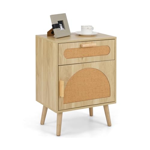 RELAX4LIFE Nachttisch, Nachtschrank mit Rattan-Schublade und Schrank, Beistelltisch mit 4 Massivholzbeinen, Sofatisch im Boho-Stil für Schlafzimmer, Nachtkommode Holz, 45 x 30 x 61 cm, Natur