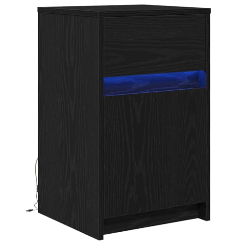 vidaXL Nachttisch in Schwarz aus Eiche, 1 Stück, Maße: 38 x 34 x 61 cm, aus Holzwerkstoff, mit LED-Licht, strukturierte Oberfläche, modernes Design, Schublade und Regale für Stauraum,