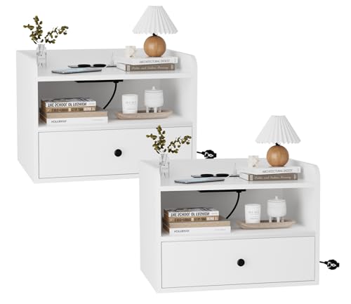 FiveWillowise Nachttisch Hängend 2er Set, Nachtschrank mit Schubladen, USB-Anschlüsse, Beistelltisch mit Ladefunktion, Wandmontage Nachtkommode Nachtkästche Modern für Schlafzimmer, Weiß