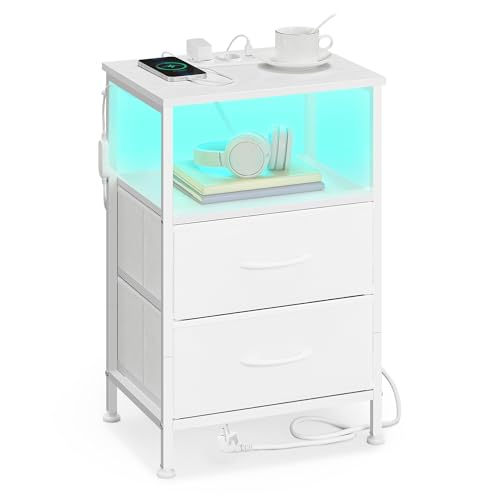 SONGMICS BELLAH Kollektion - Nachttisch mit Ladestation, Beistelltisch mit App-gesteuerter, Einstellbarer LED-Beleuchtung, 1 offenes Fach, 2 Schubladen, wolkenweiß-schneeweiß LGS302WH03