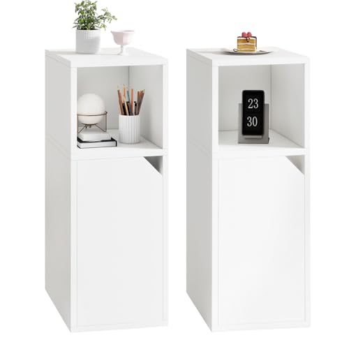YMYNY Nachttisch 2er Set mit Tür, Schmal, Beistelltisch, Offenes Fach, Einstellbare Innere Ablage, B24 x T29 x H62 cm, Nachtschrank aus Holz, für Schlafzimmer, Wohnzimmer, Weiß HST016W-2