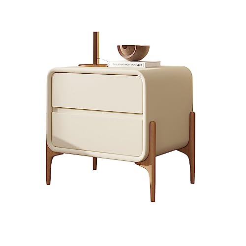 Nachttische mit Holzbeinen, Massivholz und Leder, einfache Schlafzimmermöbel mit 2 Schubladen