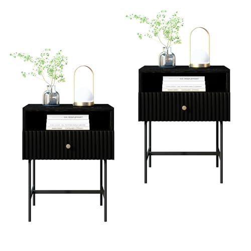 SEEDWAVE Nachttisch 2er Set Schwarz 48 cm Breit, Nachtschrank mit Leises Soft-Close-Schubladenschi enen, Nachtkommode für Schlafzimmer Wohnzimmer(48 x 29 x 60 cm)