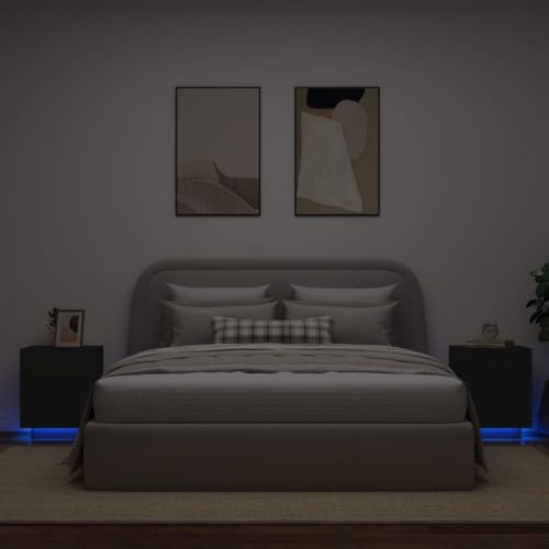 QUAHEAS Nachttische mit LED-Beleuchtung, 2er-Set, Schwarz, Holzwerkstoff, 45x40x55 cm, mit RGB-Lichtern, Stauraum für Schlafzimmer, Moderne Beistelltische