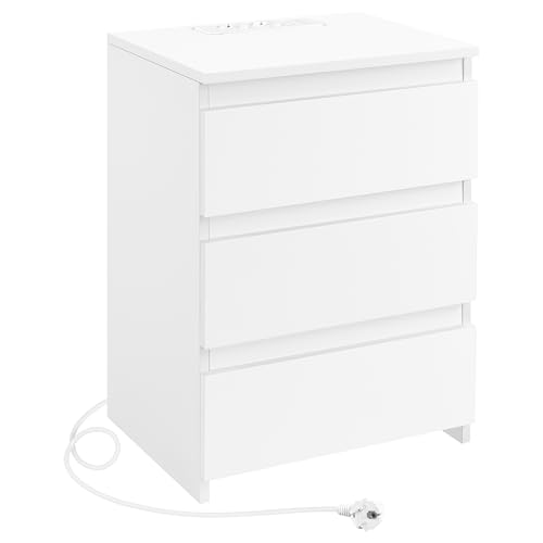 Yaheetech Nachttisch Nachtschrank mit 3 Schubladen, 2 AC-Steckdosen und 2 USB-Anschlüsse Beistelltisch Boxspringbett Nachtkommode fürs Schlafzimmer/Wohnzimmer, Weiß