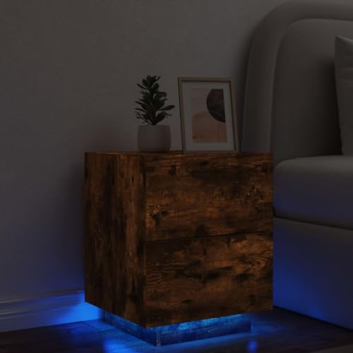 UJCHVHN Nachttisch mit LED-Lichtern, geräuchertes Eichenholz, Tische, Nachttische