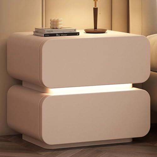 Smart Nightstand, Nachttisch mit rundem Rand, 2 Schubladen, mit Leder umwickelt, Holzdesign, ideal für Wohnzimmer und Schlafzimmer, Khaki 45 cm