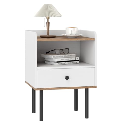 RELAX4LIFE Nachttisch Holz, Beistelltisch mit Schublade, offenem Fach, Metallbeinen, rutschfesten Füßen, Nachtschrank Vintage für Wohnzimmer & Schlafzimmer, 40 x 30 x 60,5 cm, Weiß (1 Pack)