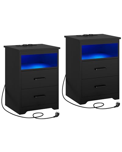 KIMENICH Nachttisch mit LED-Beleuchtung?Nachtschr ank mit Ladestation?USB-Anschlüs sen?2 Schubladen?Sofatisch, für Schlafzimmer, Wohnzimmer (2, Schwarz)