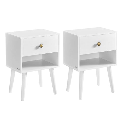 VASAGLE Nachttisch, 2er Set, Beistelltisch mit Schublade und offener Ablage, Holzbeine, Couchtisch für Wohnzimmer, Schlafzimmer, Sofa, schneeweiß LET855W01