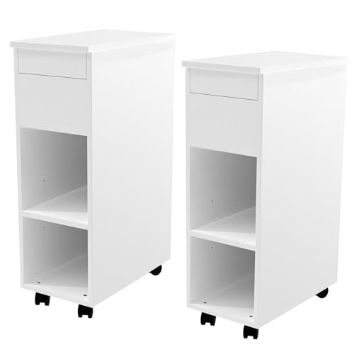 Lvhcmfohm Nachttisch Schmal 2er Set mit Rollen, Schmaler Nachtschrank Kleiner, Nachtkommode mit Schubladen (Weiß, 25x45x70cm)