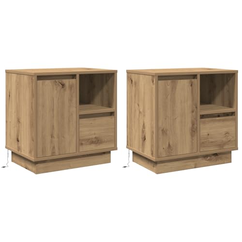 Qnhdfrt LED Nachttisch Set 2 Stück Artisan Eiche Braun Rechteckig 50x34,5x50 cm Schmaler Beistelltisch mit LED-Beleuchtung und Stauraum für Schlafzimmer