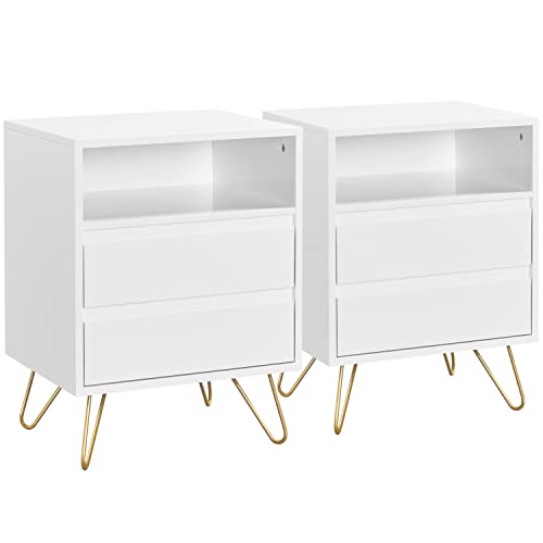 Yaheetech 2 Stück Nachttisch Nachtschrank mit 2 Schubladen & 1 Ablagefach Metallbeine Beistelltisch Boxspringbett Nachtkommode für Schlafzimmer/Wohnzimmer, Weiß