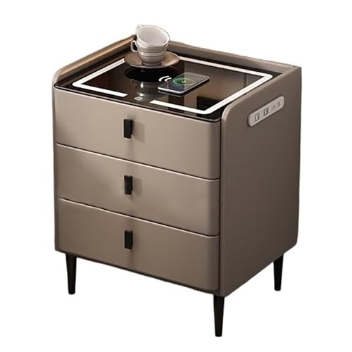 Smart-Nachttisch mit unbegrenzter Ladestation, 3 Schubladen, einstellbare Helligkeit, LED-Licht und USB-Anschluss, moderner Beistelltisch für Schlafzimmer und Wohnzimmer (Khaki, 40 cm)