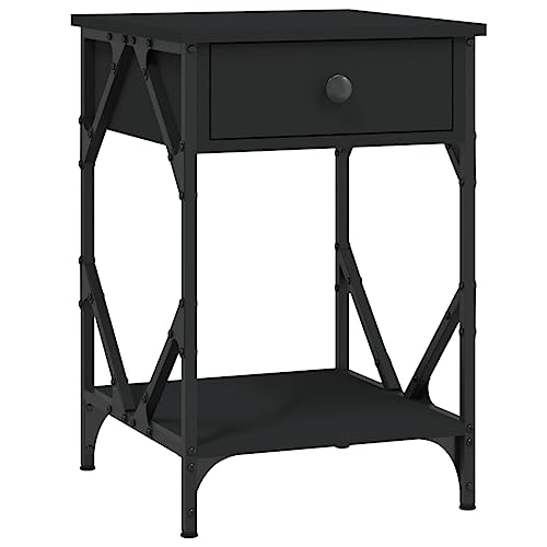 vidaXL Nachttisch, Nachtschrank mit Schublade Ablage, Nachtkommode Eisenrahmen, Nachtkonsole für Schlafzimmer, Beistelltisch, Industrie-Stil, Schwarz Holzwerkstoff
