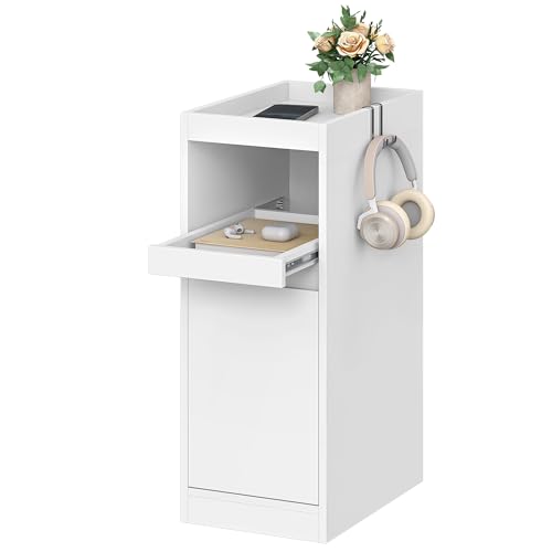 HEXCELEN Schmaler Nachttisch, Nachttische mit Tablett, Beistelltisch mit 1 Tür, Beistelltisch mit 2 Haken, Platzsparend, für Schlafzimmer, Wohnzimmer, Moderner Stil, Weiß, 35 × 24 × 64 cm