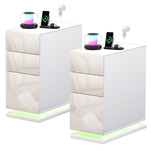 PIPIPOXER Nachttische 2er Set mit Steckdose & USB, Nachttisch Weiß Hochglanz mit 16 Farbe RGB Licht, Nachttisch Schmal mit 3 Schubladen Schmaler Kleiner Nachtschrank im Wohnzimmer, 50x30x63cm, Weiß