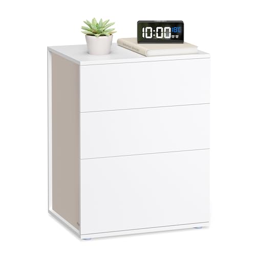 VASAGLE Nachttisch, superschnelle und werkzeuglose Montage, Beistelltisch mit 3 Schubladen, Nachtschrank modern, minimalistisch, Schlafzimmer, Wohnzimmer, mattweiß-cappuccinobeige LET778W01