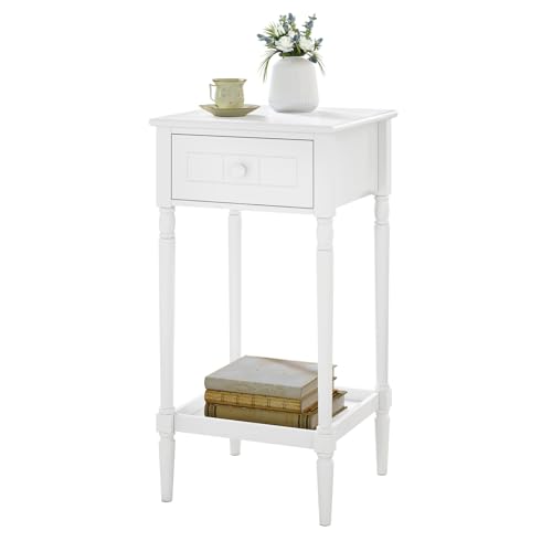 WOLTU Nachttisch Schmal, Nachtschrank mit Schublade offener Ablage, Barock Beistelltisch Weiß, 35x70,5x35 cm, Sofatisch für Schlafzimmer Wohnzimmer, Beine aus Massivholz, NTS09ws