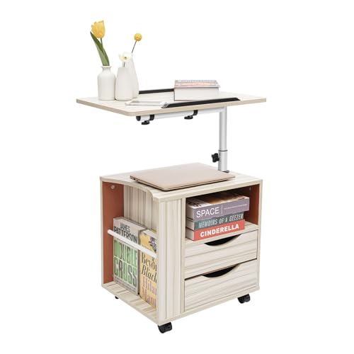 Zoobotanica Mobiler Beistelltisch,Nachttisch mit schwenkbarem Regal,Nachtschrank mit 2 Schubladen, Betttisch Höhenverstellbar mit 4*Rollen,Laptoptisch,Sofa tisch,für Schlafzimmer, Wohnzimmer