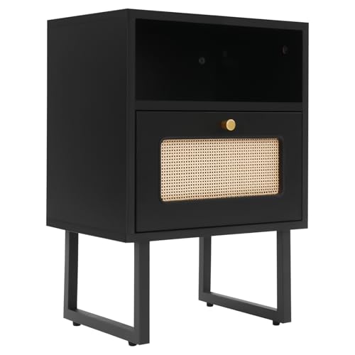Dokiiovo Rattan Nachttisch, Moderner Beistelltisch mit Schublade und offenem Regal, Kleines Nachtkästchen für Schlafzimmer, Wohnzimmer, 30kg Tragfähigkeit, 39x29x56,49 cm (Schwarz) Dokiiovo Rattan Nachttisch, Moderner Beistelltisch mit Schublade und offenem Regal, Kleines Nachtkästchen für Schlafzimmer, Wohnzimmer, 30kg Tragfähigkeit, 39x29x56,49 cm (Schwarz)