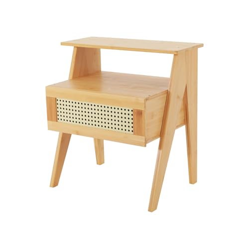 YOICUATGNA Nachttisch Schlafzimmer - Bambus Beistelltisch mit Schublade & 2 Ablageflächen, Ökologisches Design, Sofa Beistelltisch Nachttisch,Platzsparend für Bücher/Deko/Kosmetik (Holz)