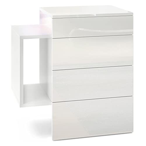 Vladon Queens, Nachttischschrank 2 Schubladen 1 seitlichem Fach zur Wandmontage, matt/Weiß Hochglanz, inkl. Unterbaustrahler (60 x 63 x 36 cm)