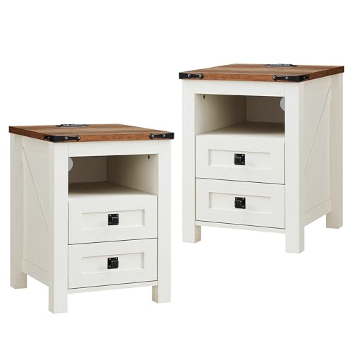 Flexoliving Bauernhaus Nachttisch 2er Set mit Steckdose, Retro Beistelltisch fürs Wohnzimmer mit 2 schublade, Rustikal Beistelltisch Holz Couch, Wohnzimmer Schlafzimmer, Antikes Weiß Flexoliving Bauernhaus Nachttisch 2er Set mit Steckdose, Retro Beistelltisch fürs Wohnzimmer mit 2 schublade, Rustikal Beistelltisch Holz Couch, Wohnzimmer Schlafzimmer, Antikes Weiß