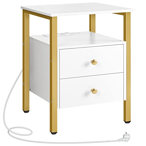 HOOBRO Nachttisch mit Ladestation, Beistelltisch, Sofatisch mit 2 Schubladen, Couchtisch mit USB-Anschlüssen für Wohnzimmer, Schlafzimmer, Modern, 40 x 40 x 61 cm, Weiß und Gold EDW43CBZ01G2