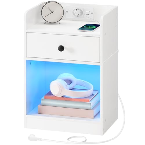 HOOBRO Nachttisch, Beistelltisch mit Ladestation und LED-Streifen, Nachttisch mit Schublade und Fach, Sofatisch mit 1 Steckdose und 2 USB-Anschlüssen, Wohnzimmer, Schlafzimmer, Weiß EWT18CDBZ01