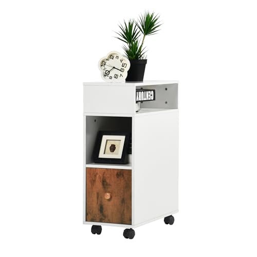 GOKHOMX Nachttische, schmal, Nachttisch mit 1 Schublade und offenem Fach, Nachttisch, Holz, Nachttisch, schmal, mit Rollen, Beistelltisch für Schlafzimmer, Wohnzimmer, Weiß und Braun