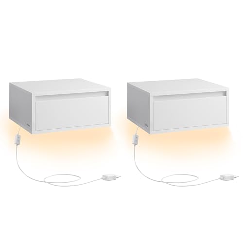 VASAGLE Nachttisch hängend 2er Set, Leuchte mit 3 Farben, schwebendes Wandregal, Schublade, 35 x 40 x 18 cm, modern, Wohnzimmer Schlafzimmer, wolkenweiß LET854W01