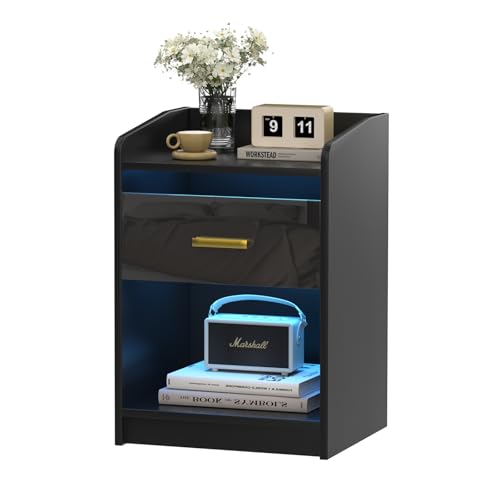 Lvhcmfohm Nachttisch Schwarz mit Led, Nachtschrank mit 1 Schubladen Und 1 Offenes Fach Beistelltisch und 16 Farben Beleuchtung, Geeignet für Schlafzimmer Wohnzimmer (40x35x58cm)