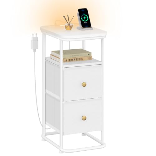 Hzuaneri Nachttisch, Schmal Beistelltisch mit LED-Beleuchtung, 1 USB-A-Anschluss, 1 USB-C-Anschluss, Nachttische mit 2 Schubladen, Modern, für Schlafzimmer, Wohnzimmer, Weiß NS12113W