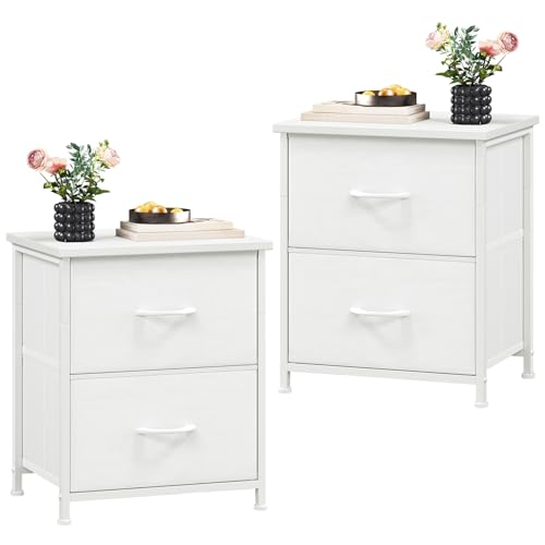 Somdot Nachttisch 2er Set, Beistelltisch mit 2 Schubladen aus Stoff, Nachtschrank mit Metallrahmen, Nachtkästchen, Kleiner Schrank für Schlafzimmer Wohnzimmer Kinderzimmer, Weißes Leder