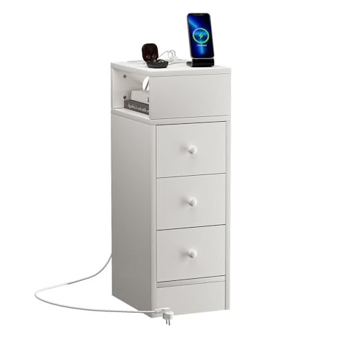 Weiß Nachttisch mit 3 Schubladen, Holz Nachttisch Schmal ladefunktion Steckdose 2AC/2USB Seitenschrank Nachttischschrank 1.5m Netzkabel Aufbewahrungsschrank für Schlafzimmer Wohnzimmer-30cmx25cmx70cm