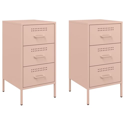 vidaXL Nachttisch 2 STK., Nachtschrank mit 3 Schubladen, Nachtkommode Verstellbare Schraubfüße, Schlafzimmer Nachtkonsole, Industrie-Stil, Rosa Kaltgewalzter Stahl