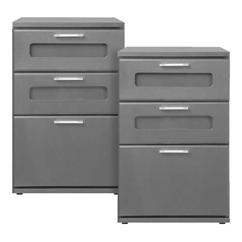 ML-Design Nachttisch 2er Set, Nachtkommode mit 3 Schubladen, oberste mit Glaseinsatz, Grau, 40x60x38 cm, aus Holz, Boxspringbett Nachtschrank Nachtkonsole Kommode, für Bett, Schlafzimmer oder Büro