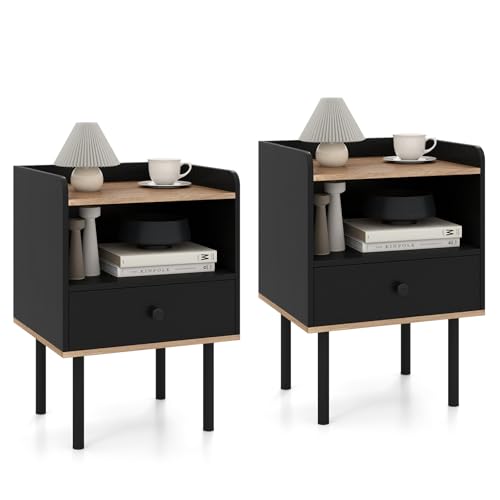 COSTWAY Nachttisch 2er Set, Beistelltisch mit Schublade, offenem Ablagefach und Metallbeinen, Nachtschrank, Nachtkonsole, Nachtkommode für Schlafzimmer, Wohnzimmer, 40,5 x 35 x 56 cm, Schwarz