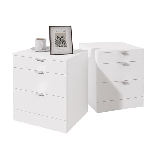Garvishk Garvis Nachttisch 2er Set, schmal, Beistelltisch mit 3 Schubladen Nachtschrank Schlichter Beistelltisch für Schlafzimmer, Wohnzimmer (Weiß)